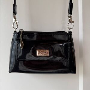 Beijo Black Patent Crossbody with Silver Logo Plaque
